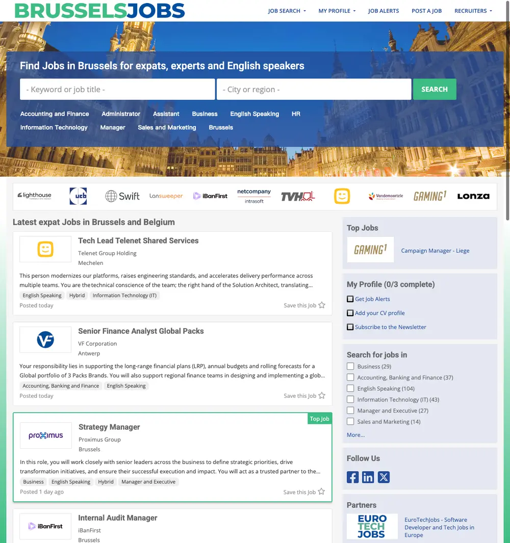 BrusselsJobs job board platform screenshot showing job search interface