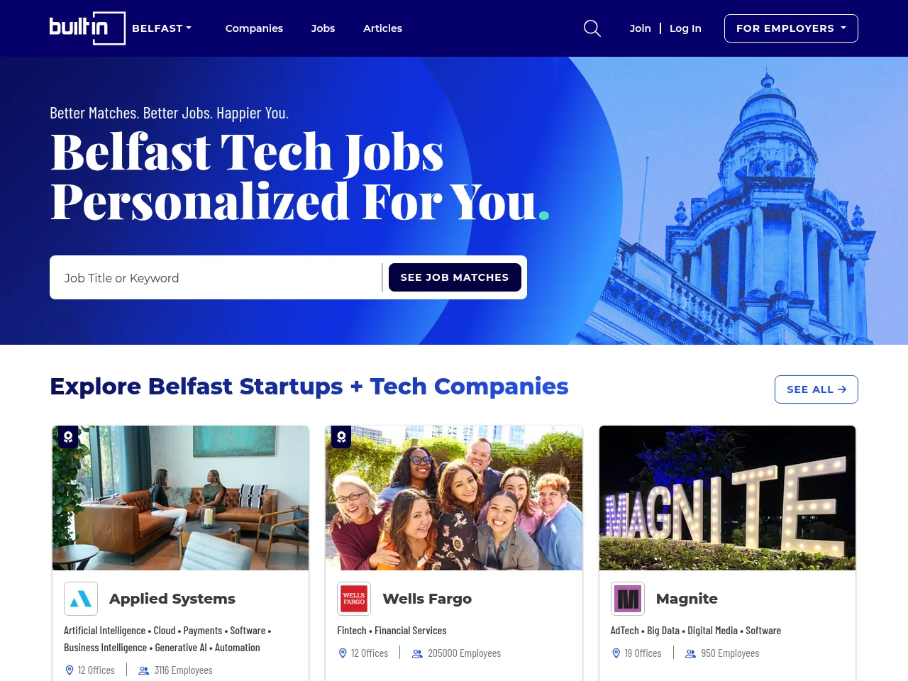 Built In Belfast job board platform screenshot showing job search interface