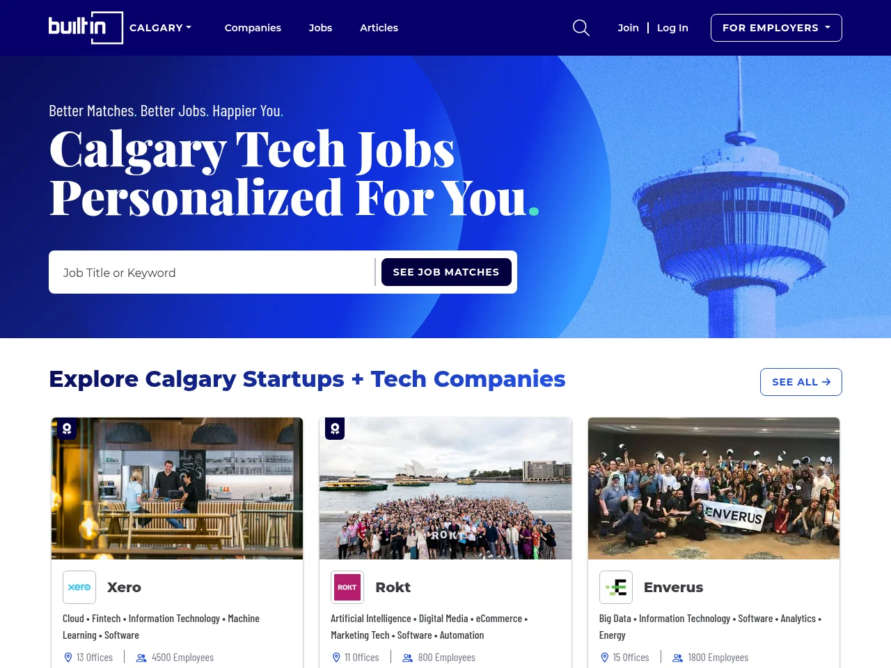 Built In Calgary screenshot Built In Calgary job board platform screenshot showing job search interface