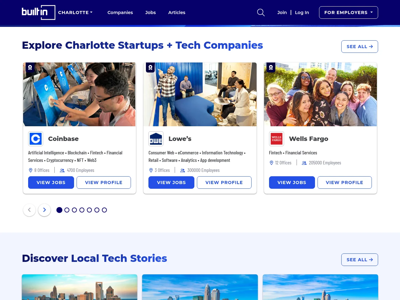 Built In Charlotte job board platform screenshot showing job search interface