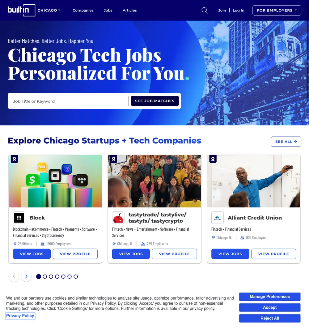 Built In Chicago job board platform screenshot showing job search interface