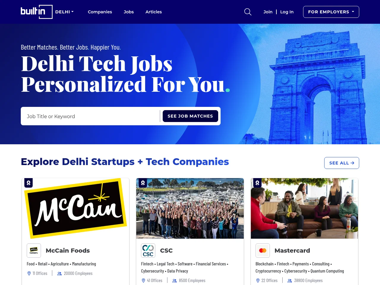 Built In Delhi screenshot Built In Delhi job board platform screenshot showing job search interface