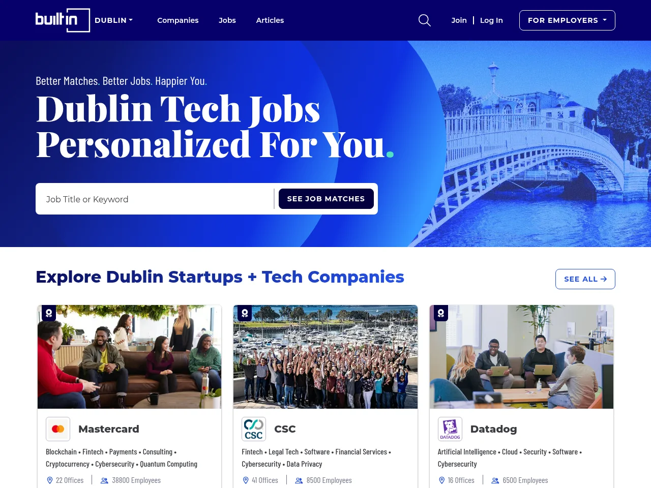 Built In Dublin job board platform screenshot showing job search interface