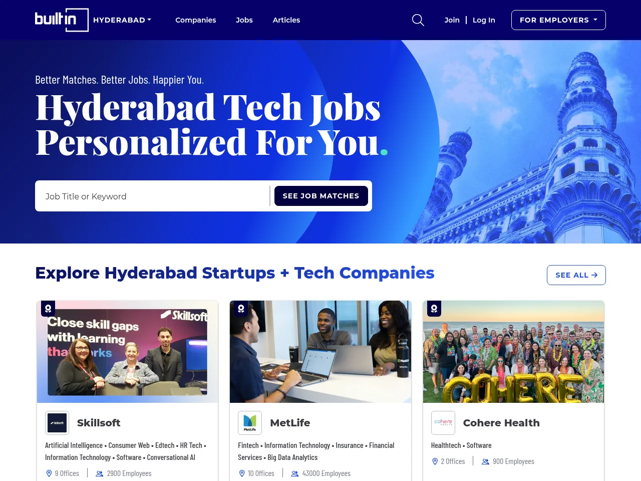 Built In Hyderabad job board platform screenshot showing job search interface