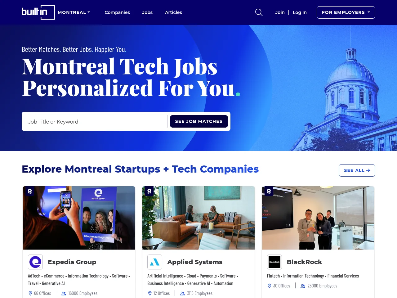 Built In Montreal job board platform screenshot showing job search interface