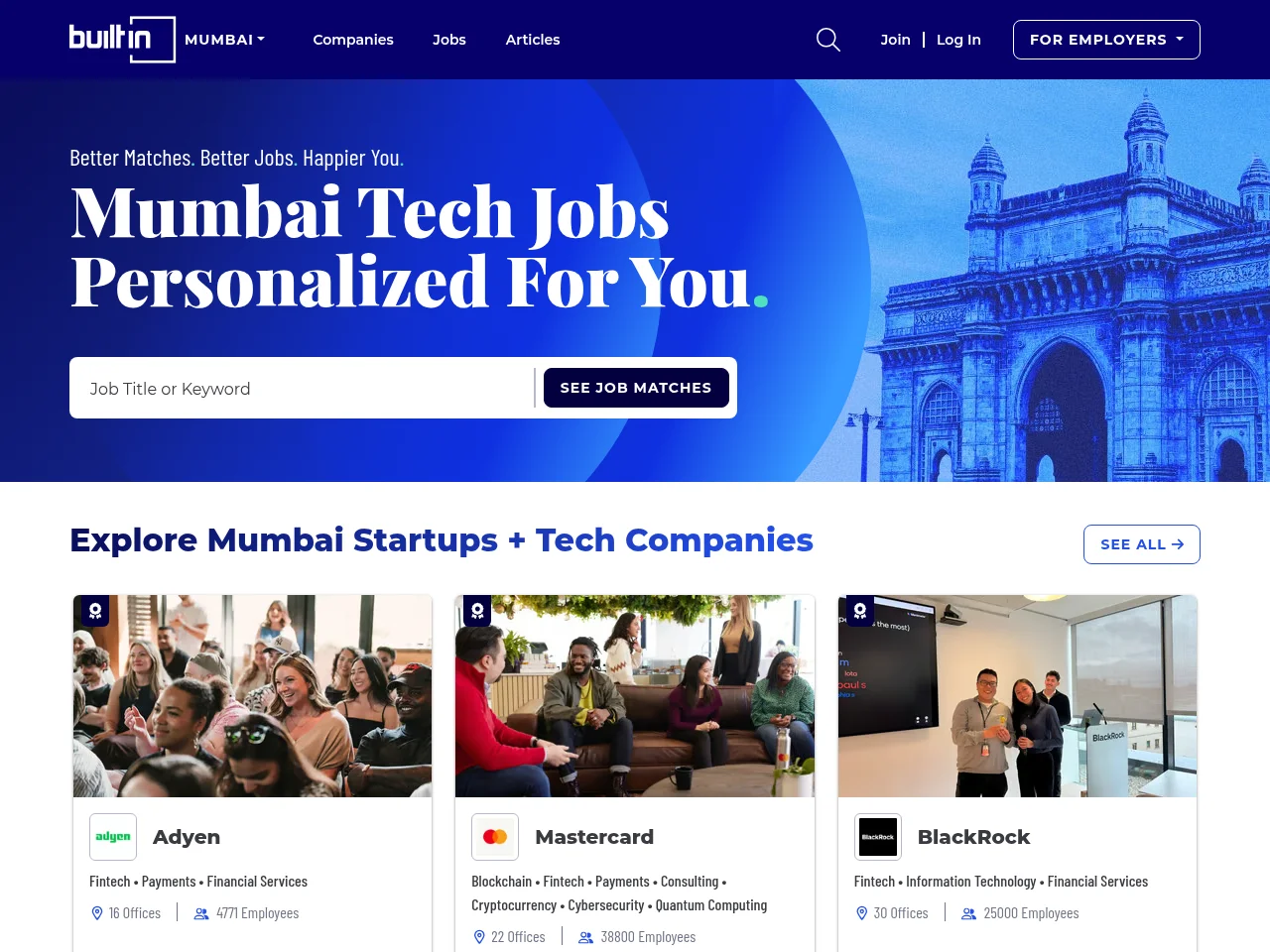 Built In Mumbai job board platform screenshot showing job search interface