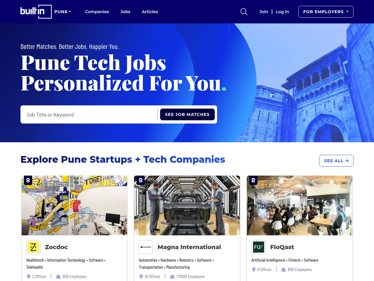 Built In Pune job board platform screenshot showing job search interface