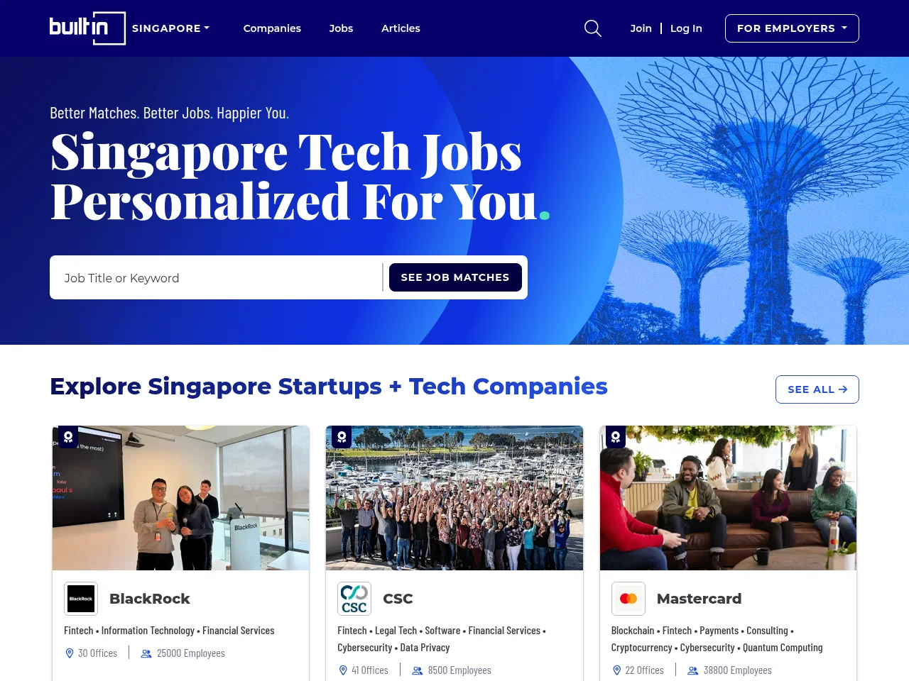 Built In Singapore job board platform screenshot showing job search interface