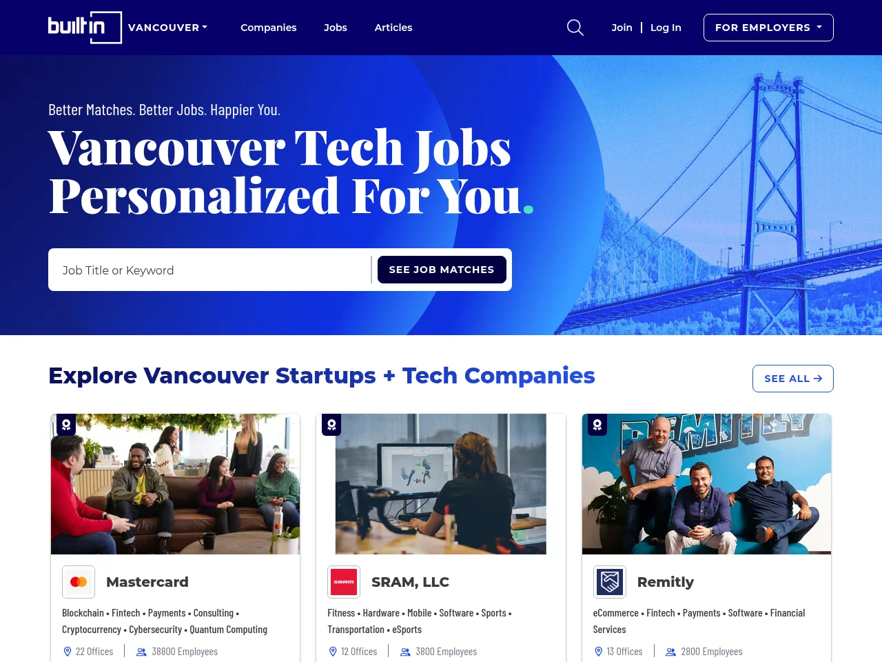 Built In Vancouver job board platform screenshot showing job search interface