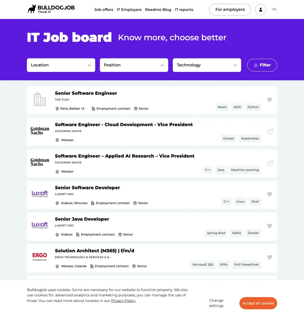 Bulldogjob job board platform screenshot showing job search interface