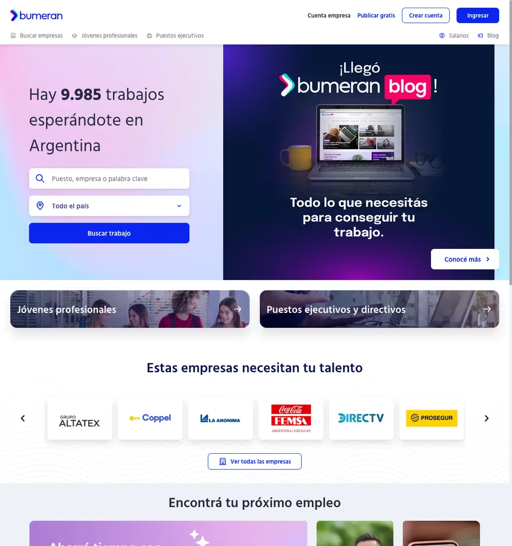 Bumeran job board platform screenshot showing job search interface