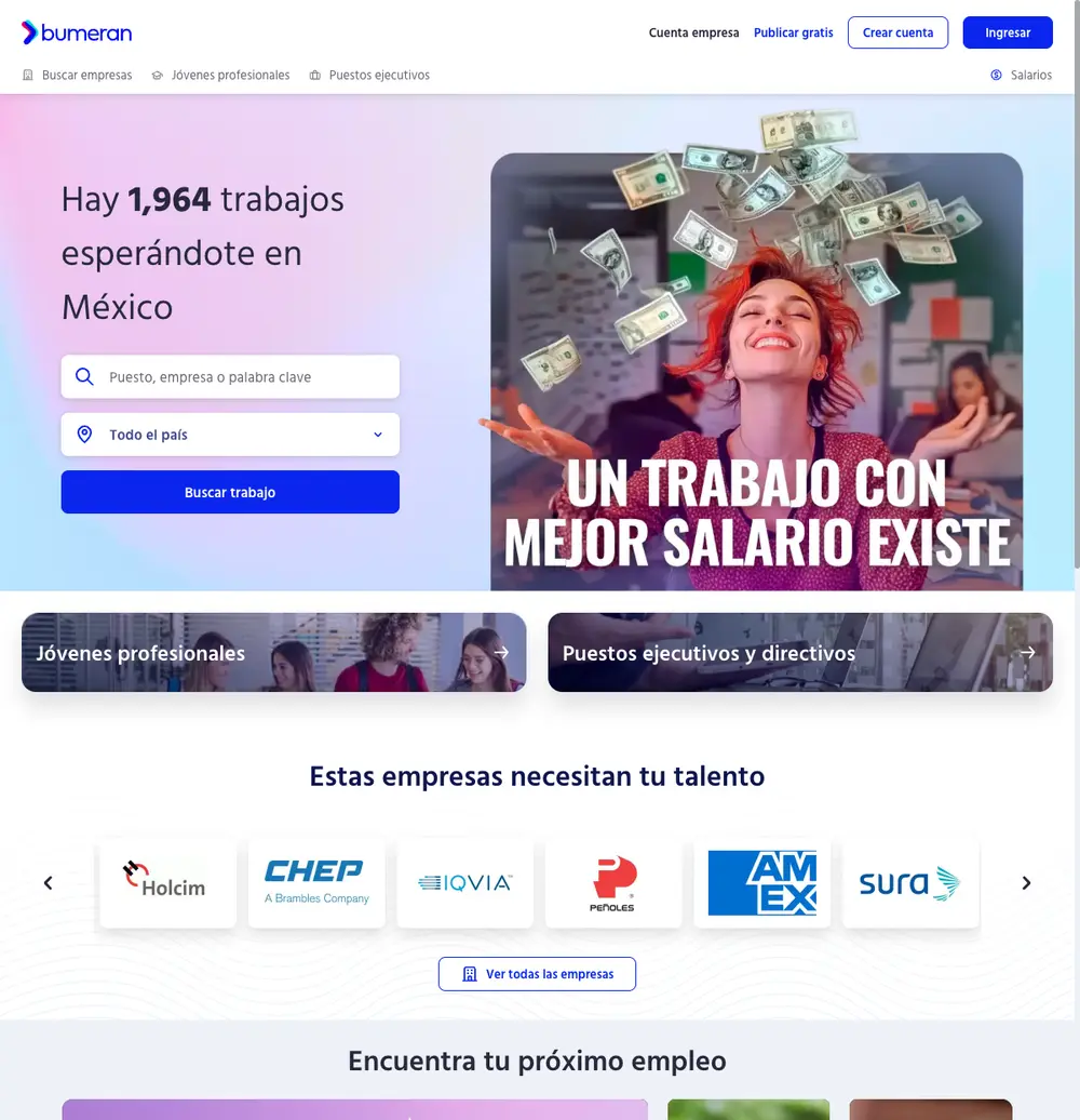 Bumeran México job board platform screenshot showing job search interface