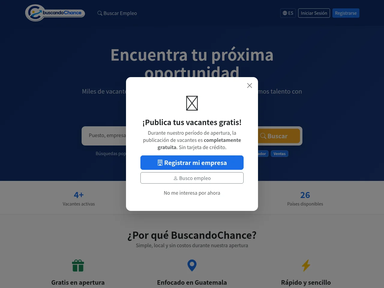 BuscandoChance job board platform screenshot showing job search interface