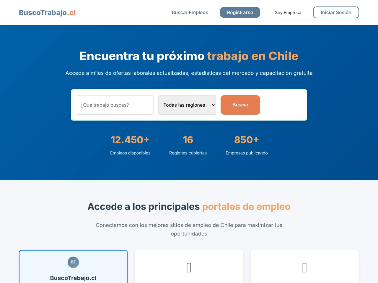 BuscoTrabajo.cl job board platform screenshot showing job search interface