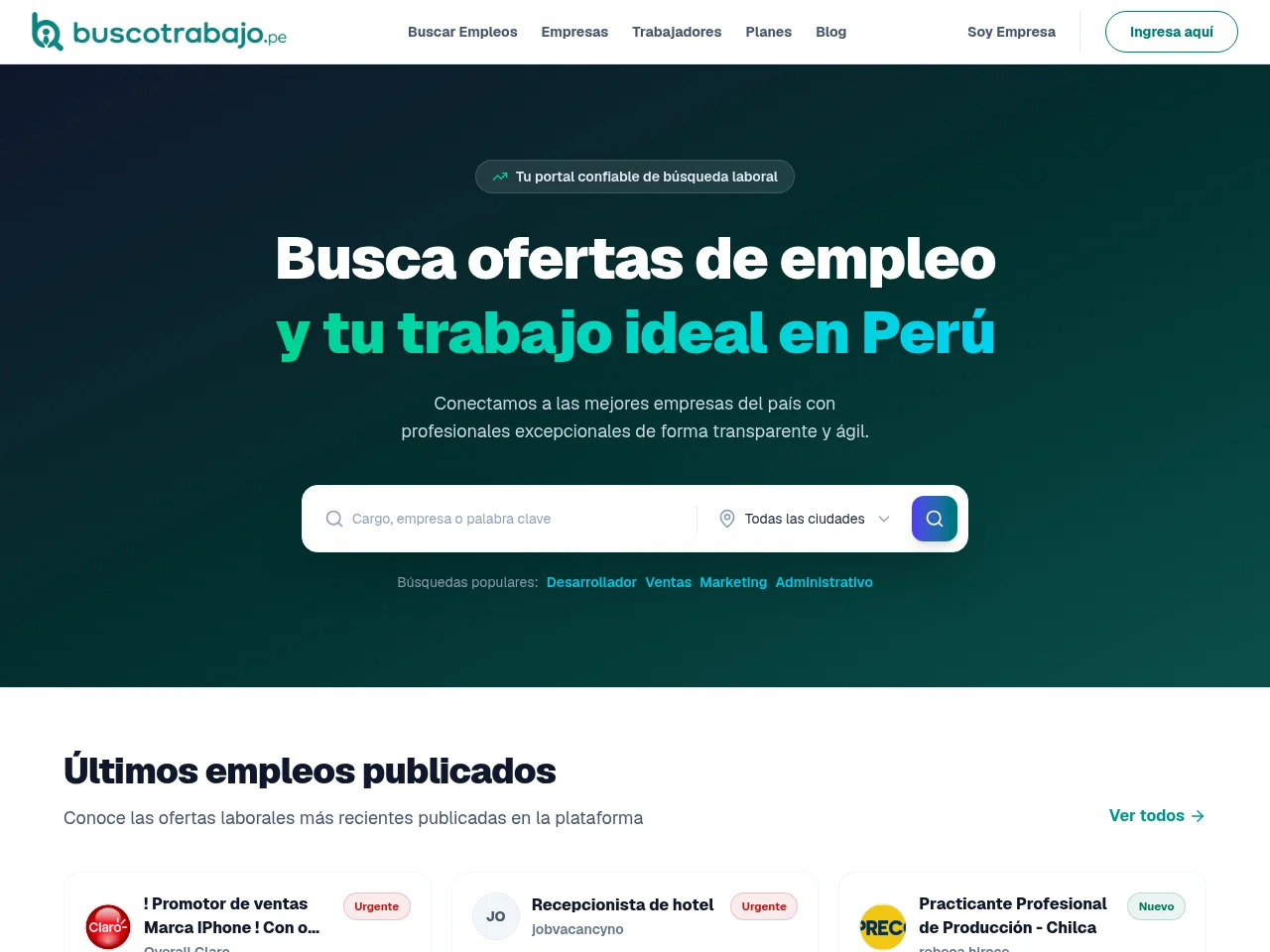 BuscoTrabajo job board platform screenshot showing job search interface