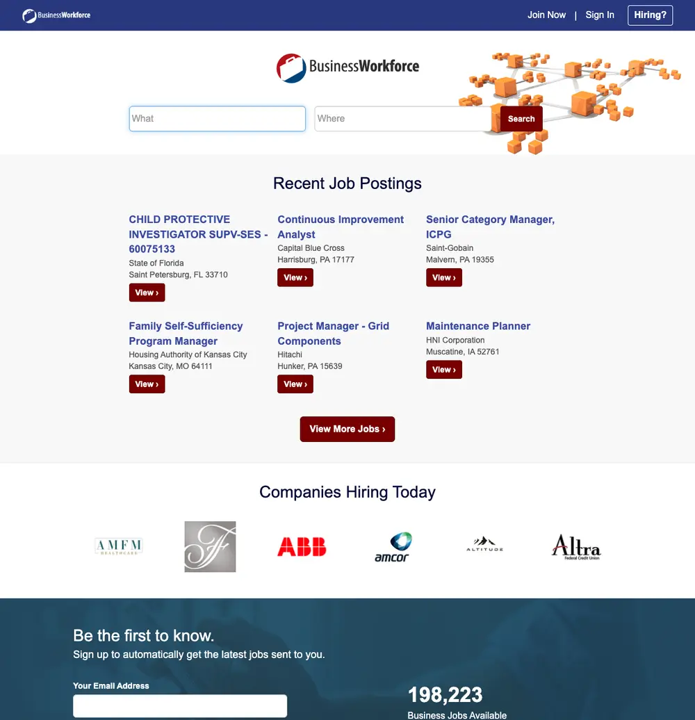 BusinessWorkforce job board platform screenshot showing job search interface
