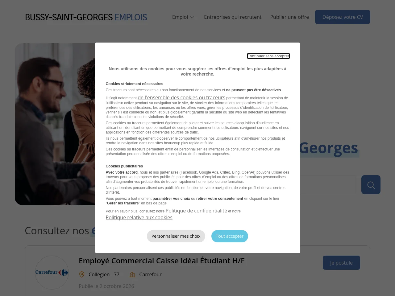 Bussy-Saint-Georges Emplois job board platform screenshot showing job search interface