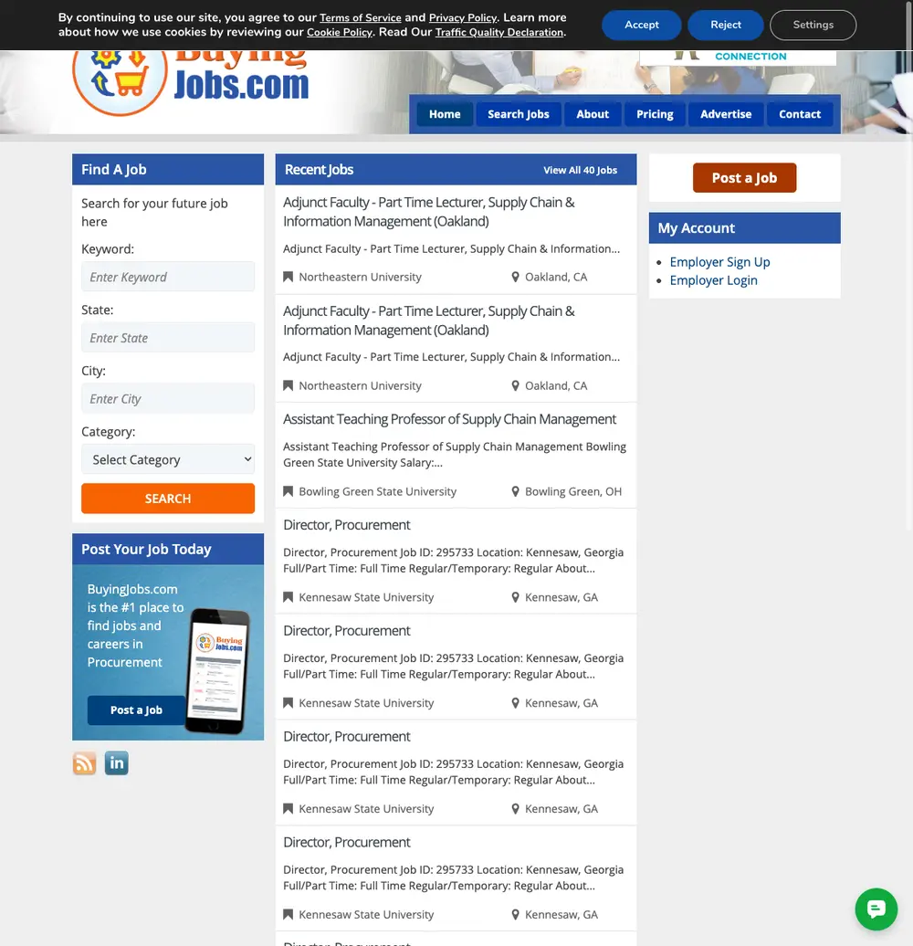 BuyingJobs.com job board platform screenshot showing job search interface