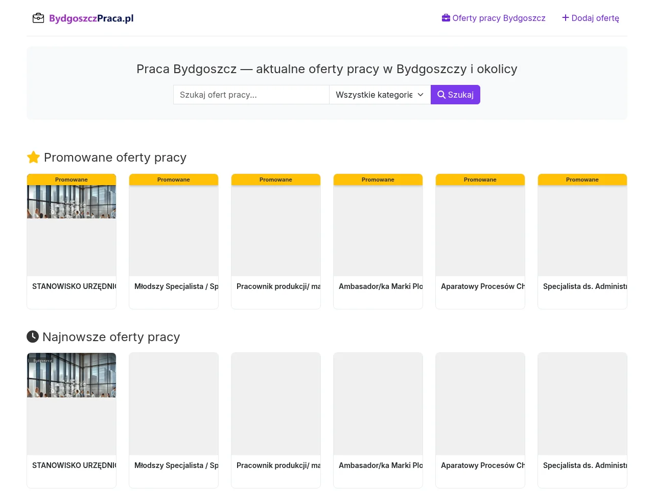 BydgoszczPraca.pl job board platform screenshot showing job search interface