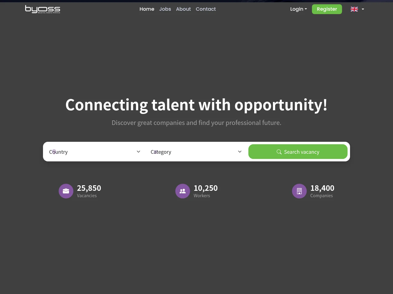 BYOSS job board platform screenshot showing job search interface
