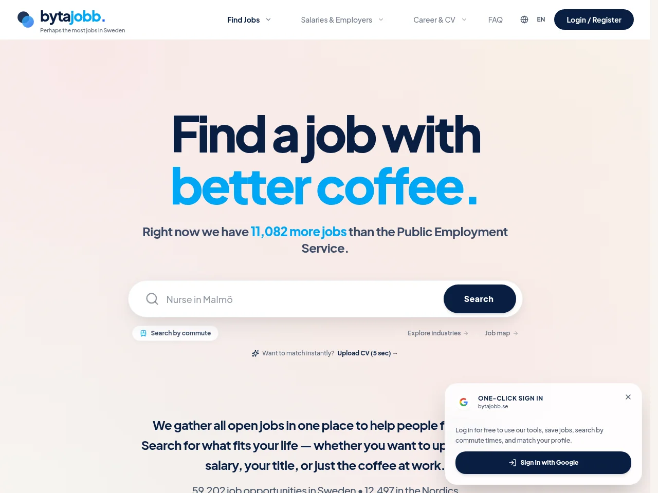bytajobb.se job board platform screenshot showing job search interface