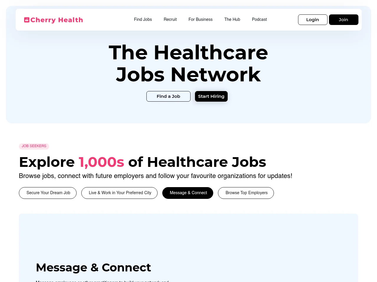 Cherry Health job board platform screenshot showing job search interface