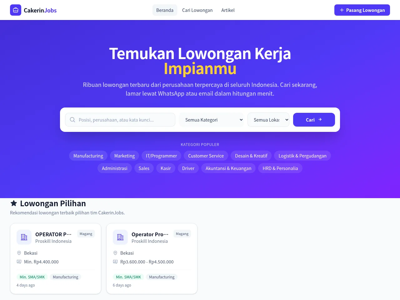 CakerinJobs job board platform screenshot showing job search interface
