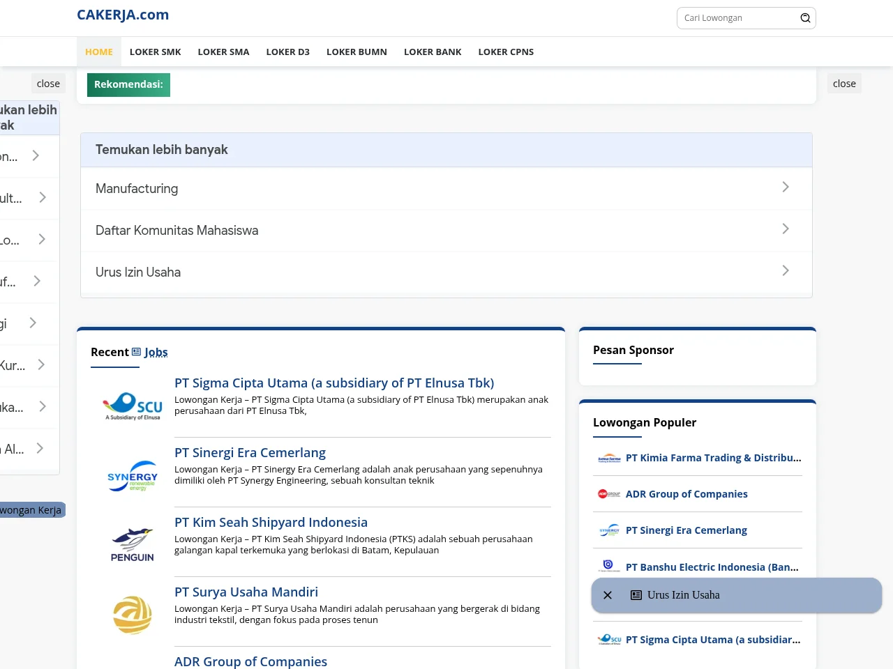 CAKERJA.com job board platform screenshot showing job search interface