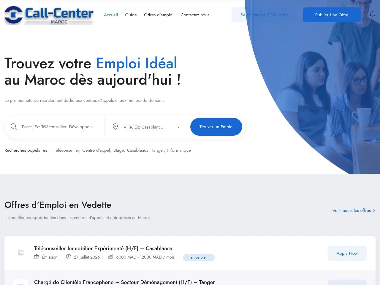 Call-Center Maroc job board platform screenshot showing job search interface