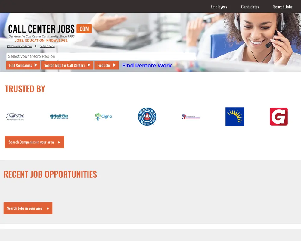 CallCenterJobs.com job board platform screenshot showing job search interface