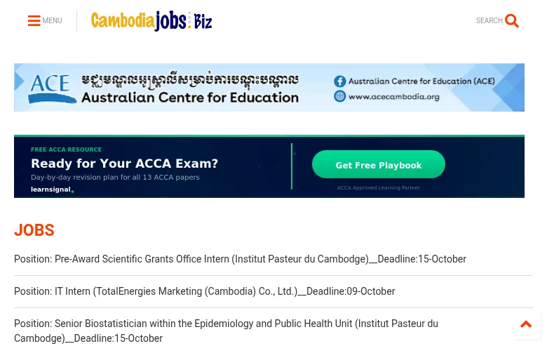 Cambodia Jobs job board platform screenshot showing job search interface
