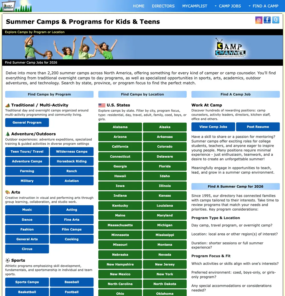 CampChannel.com job board platform screenshot showing job search interface