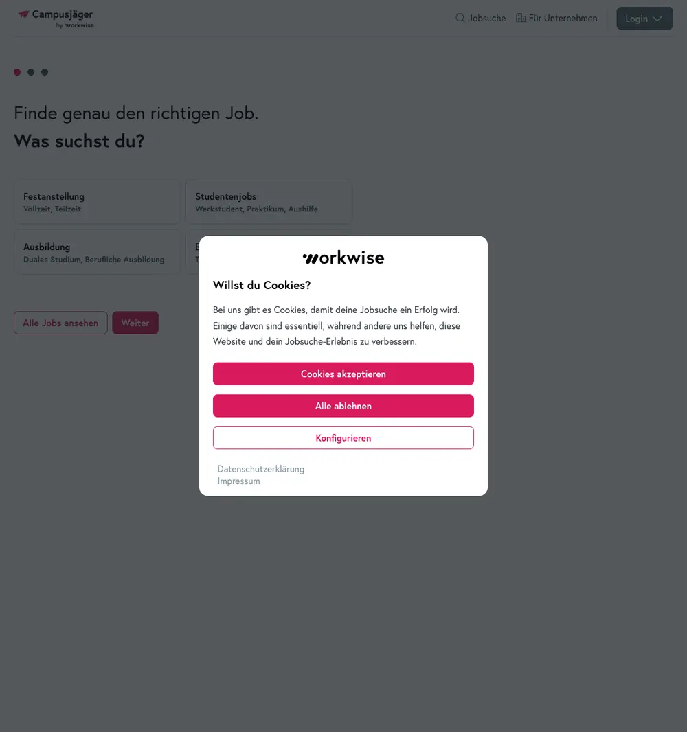 Campusjäger by Workwise job board platform screenshot showing job search interface