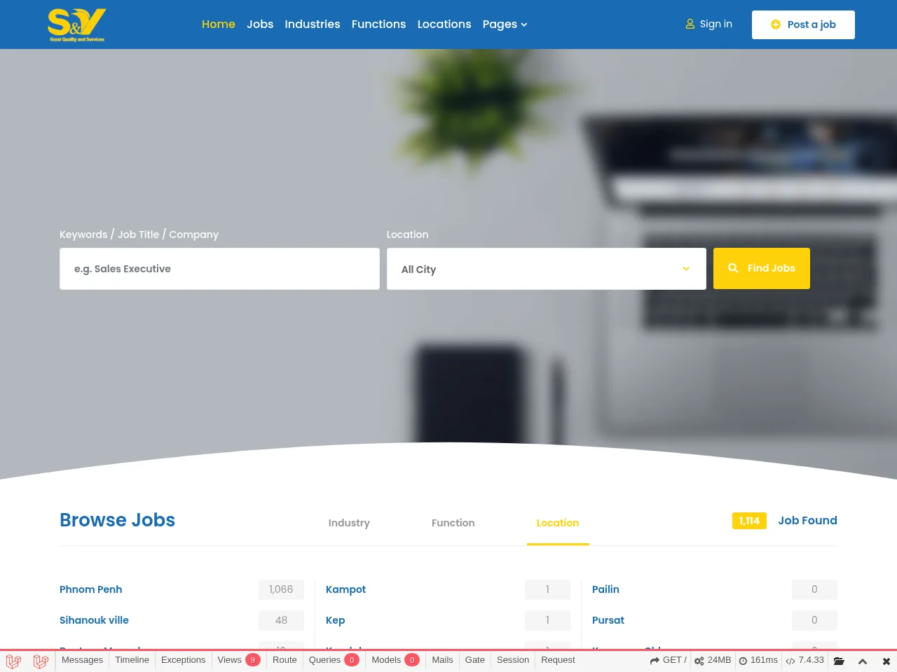 S&V Cambodia Job job board platform screenshot showing job search interface