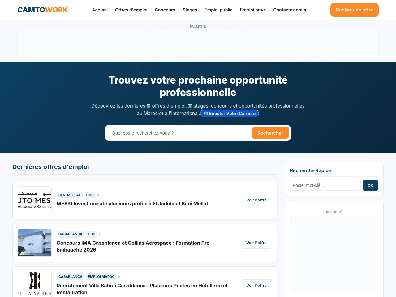 Camtowork screenshot Camtowork job board platform screenshot showing job search interface