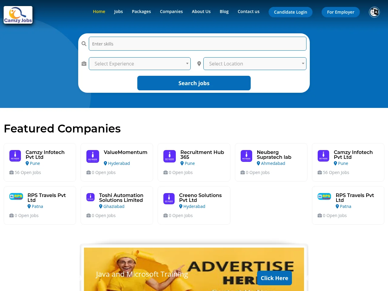 Camzy Jobs job board platform screenshot showing job search interface