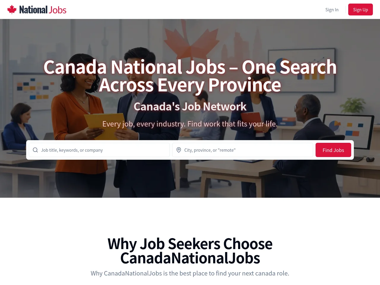 CanadaNationalJobs job board platform screenshot showing job search interface