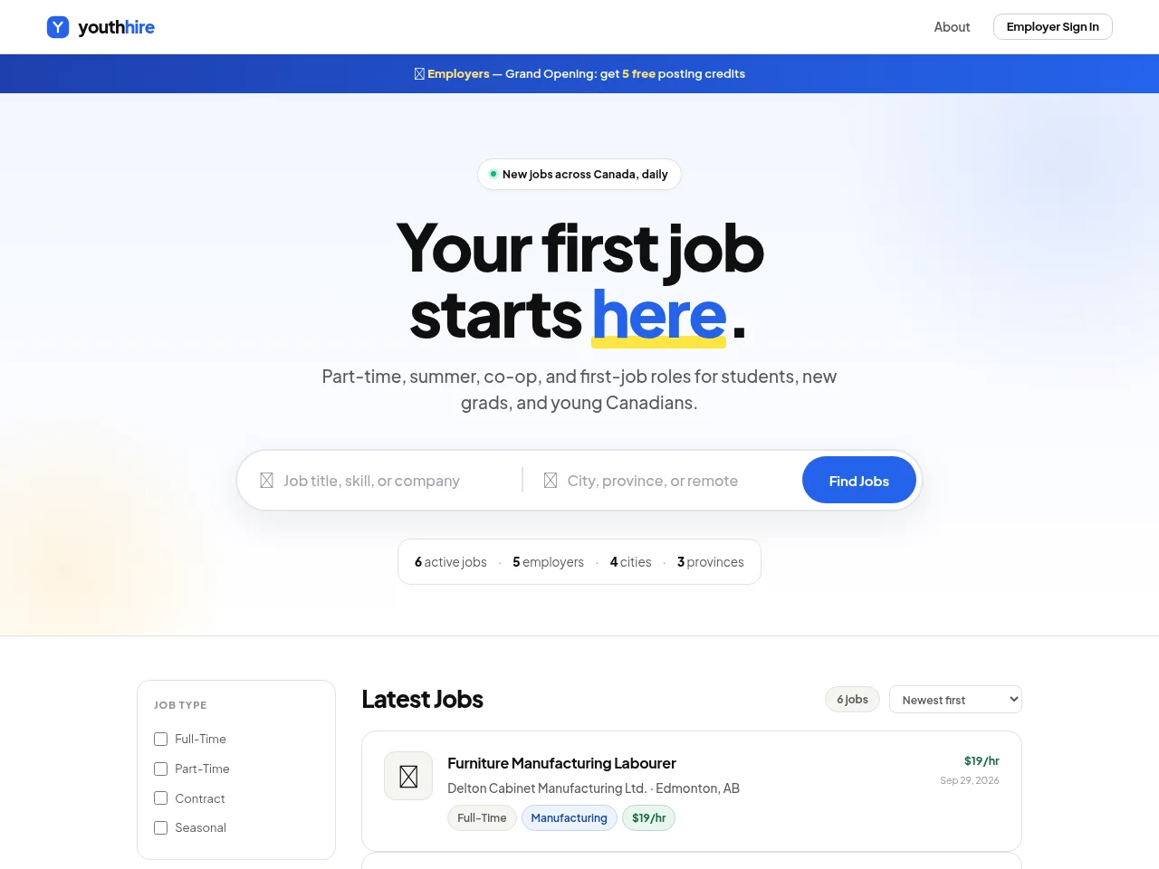 YouthHire job board platform screenshot showing job search interface
