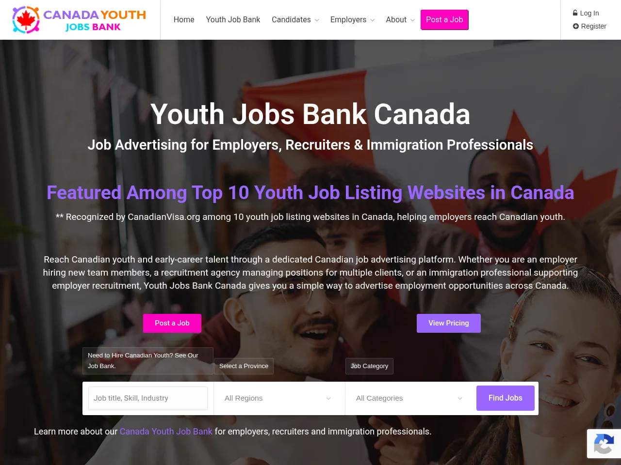 Youth Jobs Bank Canada job board platform screenshot showing job search interface