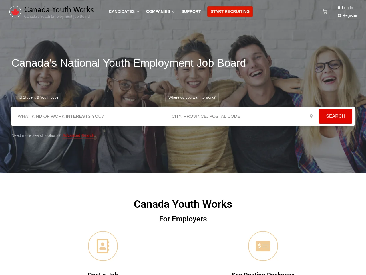 Canada Youth Works job board platform screenshot showing job search interface