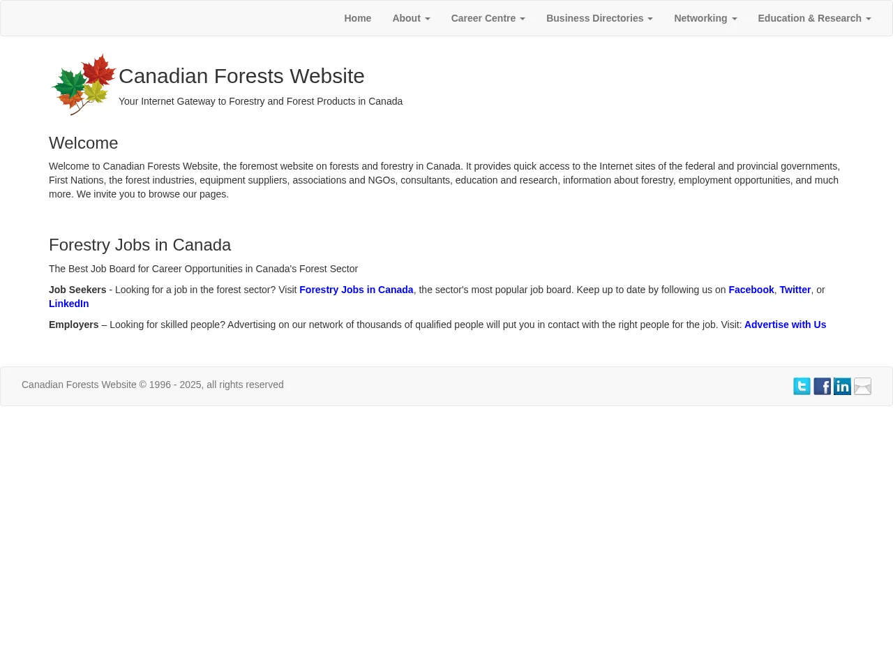 Canadian Forests Website job board platform screenshot showing job search interface