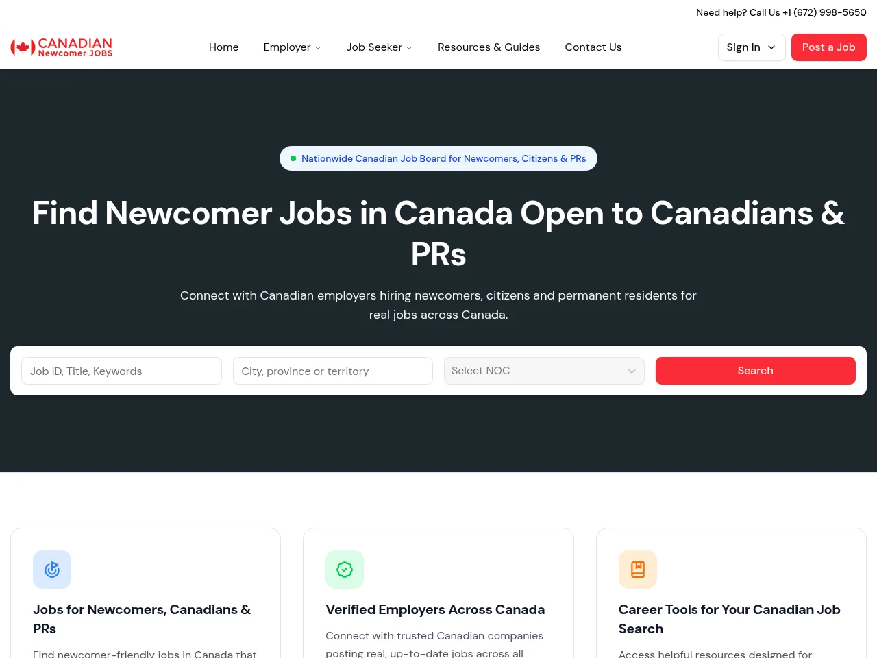 CanadianNewcomerJobs.com job board platform screenshot showing job search interface