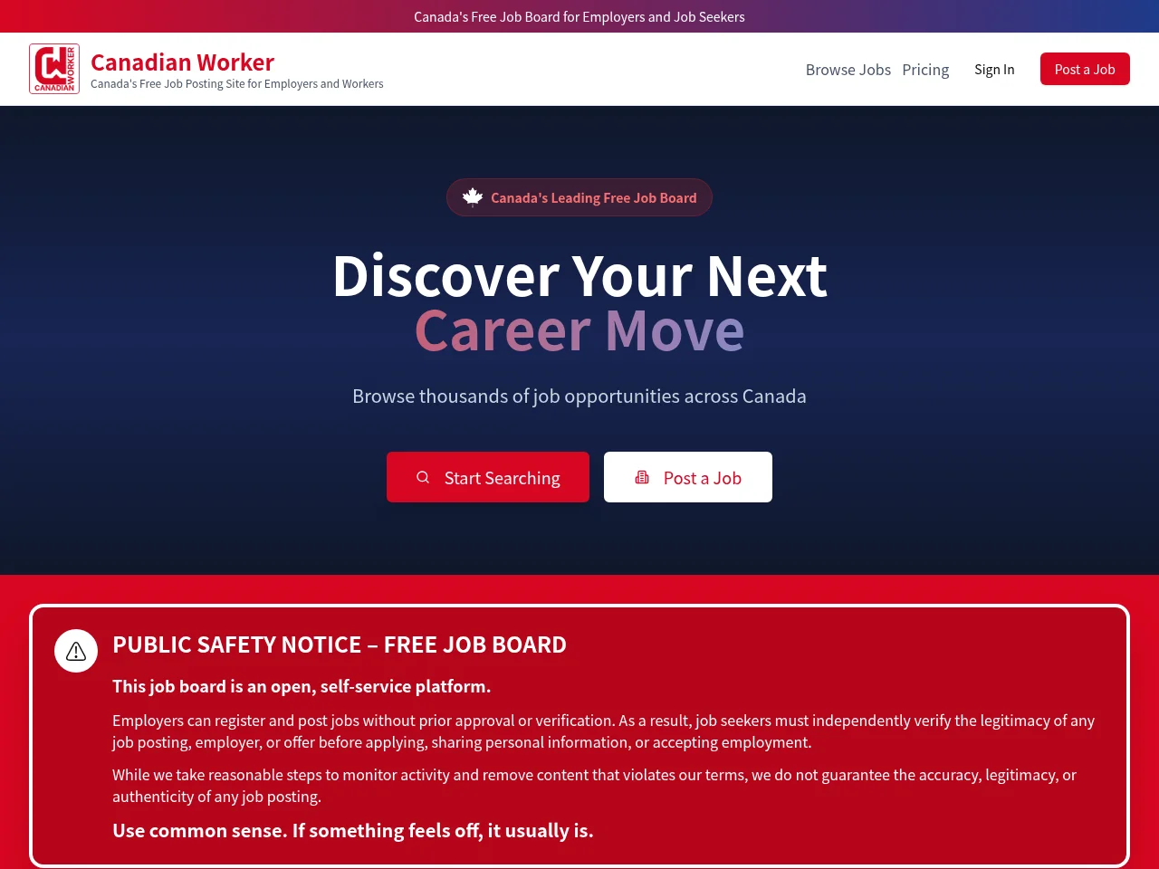 Canadian Worker job board platform screenshot showing job search interface