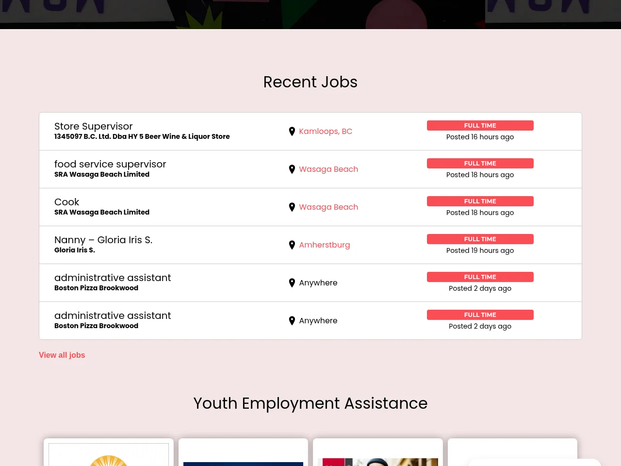 Canadian Youth Hire job board platform screenshot showing job search interface