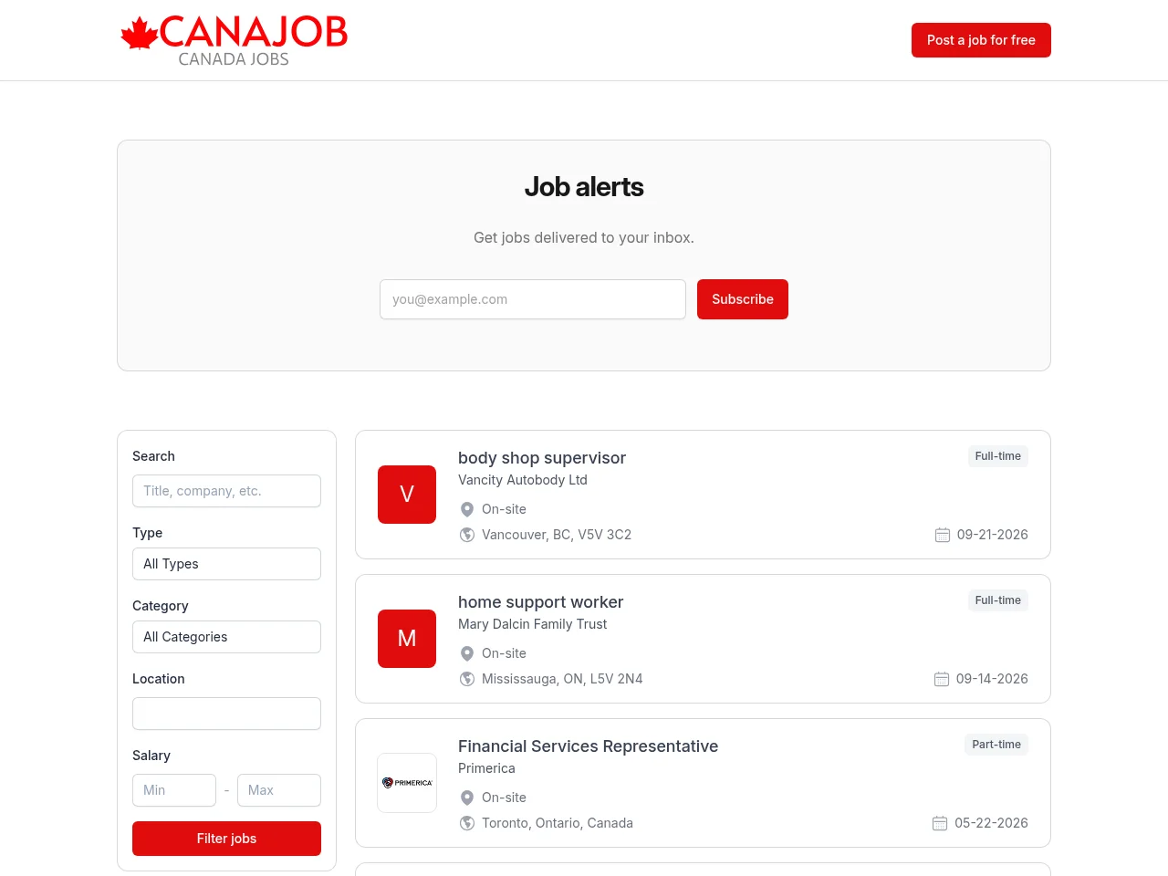 Canada Jobs job board platform screenshot showing job search interface