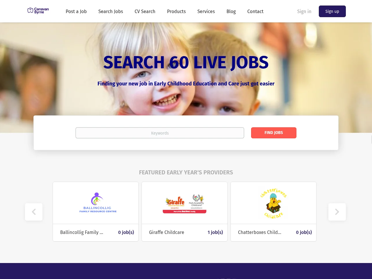 EYCEjobs job board platform screenshot showing job search interface
