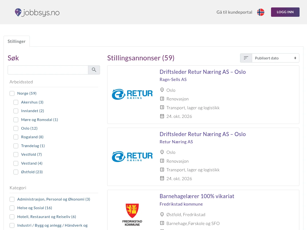 Jobbsys.no job board platform screenshot showing job search interface