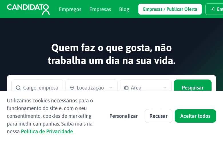 Candidato.pt job board platform screenshot showing job search interface