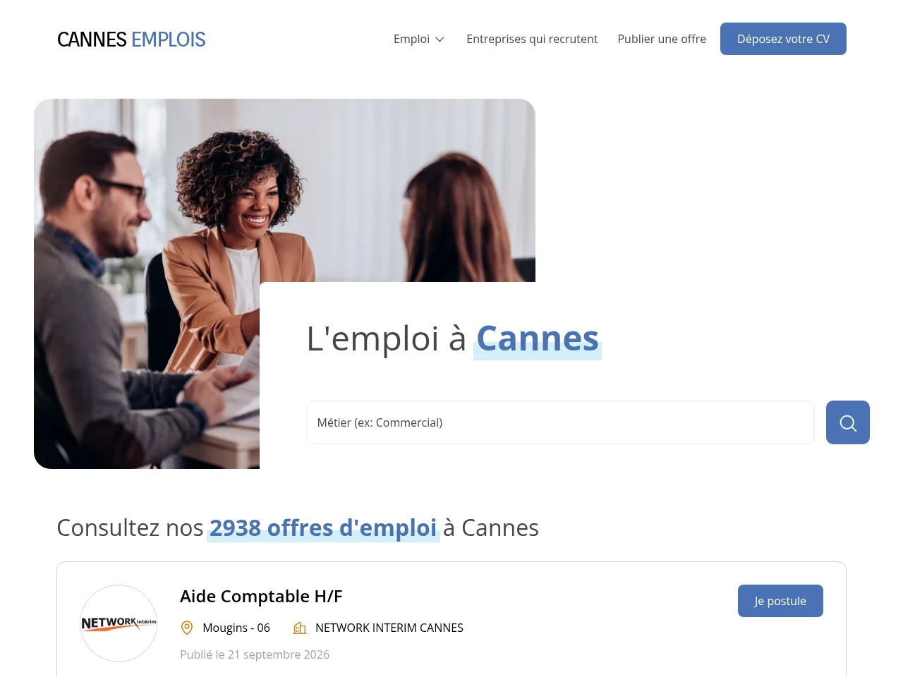 Cannes Emplois job board platform screenshot showing job search interface