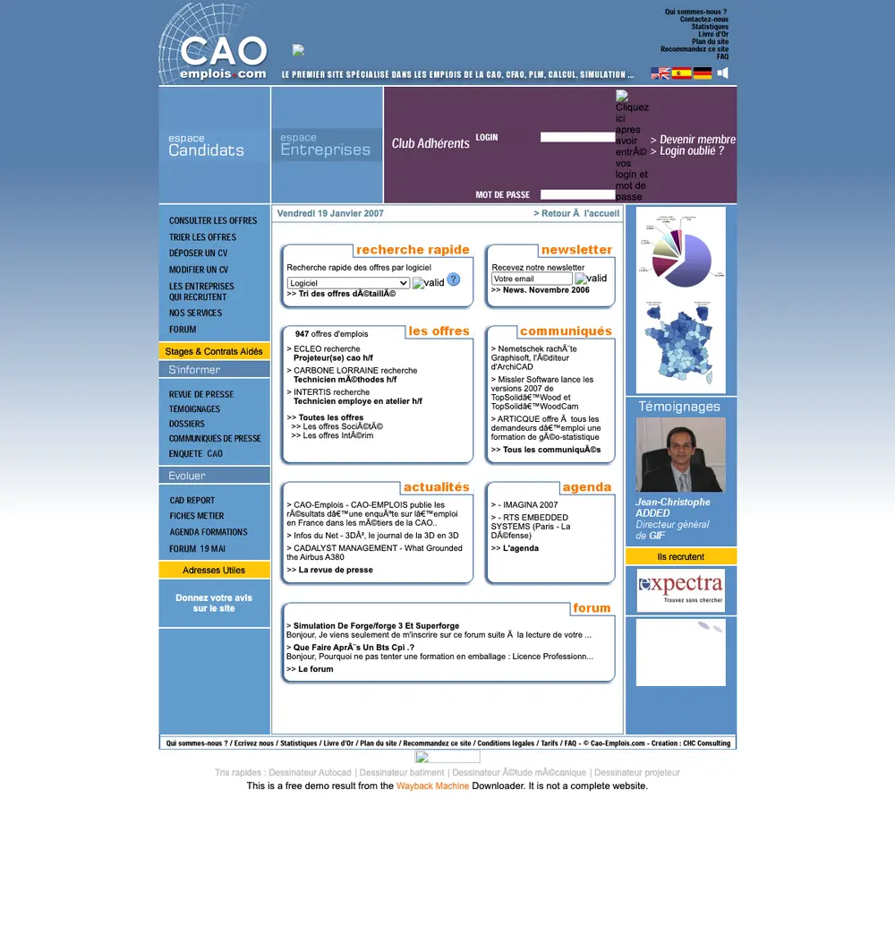 CAO-Emplois job board platform screenshot showing job search interface